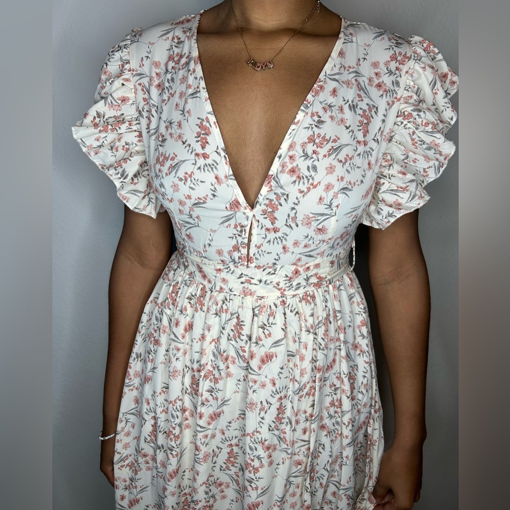 SHEIN Floral Ruffle Sleeve Dress - White and Pink